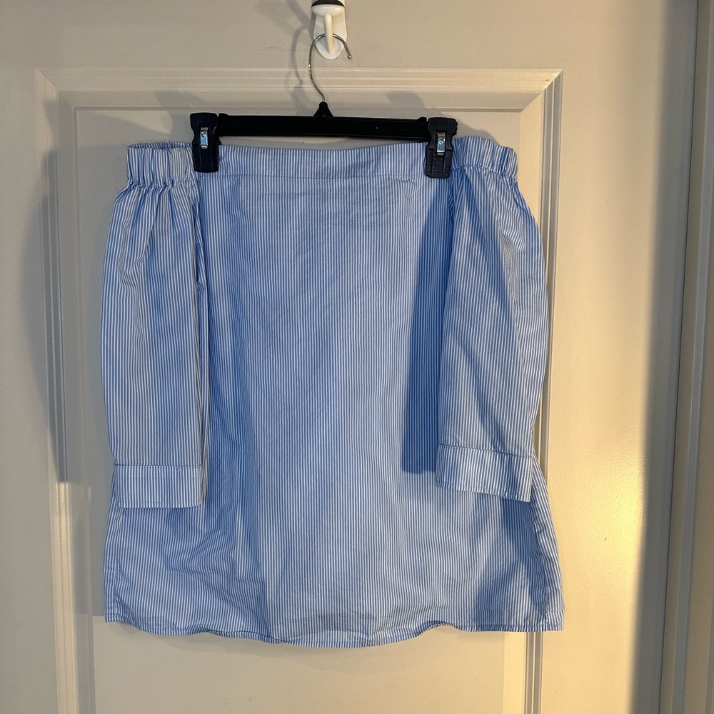 Halogen Blue & White Pinstripe Cotton Off The Shoulder Top, size Small